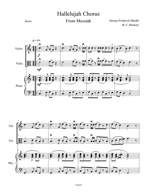 Hallelujah Chorus from Messiah (Violin and Viola Duet with Piano Accompaniment) (Arr. B. C. Dockery) - George Frederick Handel (Instrumental Duet and Piano)