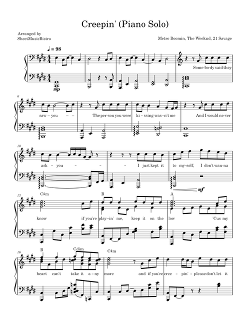 Creepin' - Metro Boomin, The Weeknd & 21 Savage (Piano Solo)