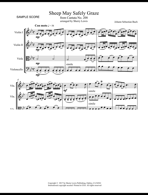 SHEEP MAY SAFELY GRAZE String Quartet, Intermediate Level for 2 violins, viola and cello (Arr. Sherry Lewis) - Johann Sebastian Bach (String Quartet)