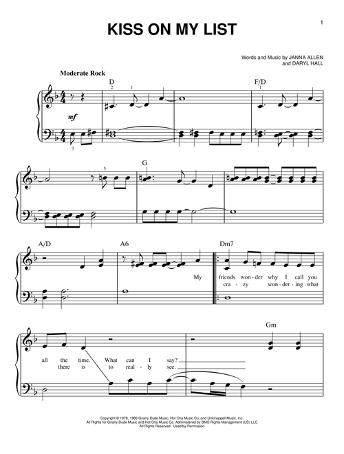 Kiss On My List - Hall & Oates (Very Easy Piano)