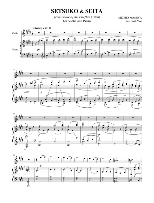 Grave of the Fireflies, Main Theme: Setsuko and Seita arr. for Violin and Piano