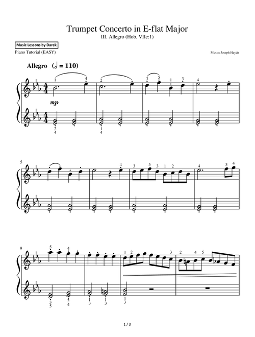 Trumpet Concerto in E-flat Major (EASY PIANO) III. Allegro (Hob. VIIe:1) [Joseph Haydn] (Arr. Darek) (Easy Piano)