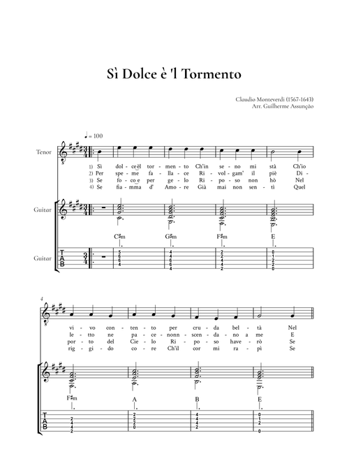Si Dolce è ´l Tormento (Easy Guitar & Vocal) (Arr. Guilherme Assunção) - Claudio Monteverdi (Guitar Tab with Voice)