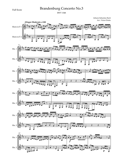 Brandenburg Concerto No. 3 in G major, BWV 1048 1st Mov. (J.S. Bach) for Horn in F Duo (Arr. Victor Drake) - Joahann Sebastian Bach (French Horn Duet)