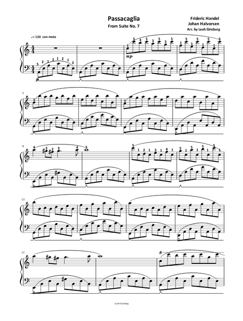 Passacaglia by F. Handel (Arr. Leah Ginzburg) - George Frideric Handel (Piano-Vocal-Guitar (Piano Accompaniment))