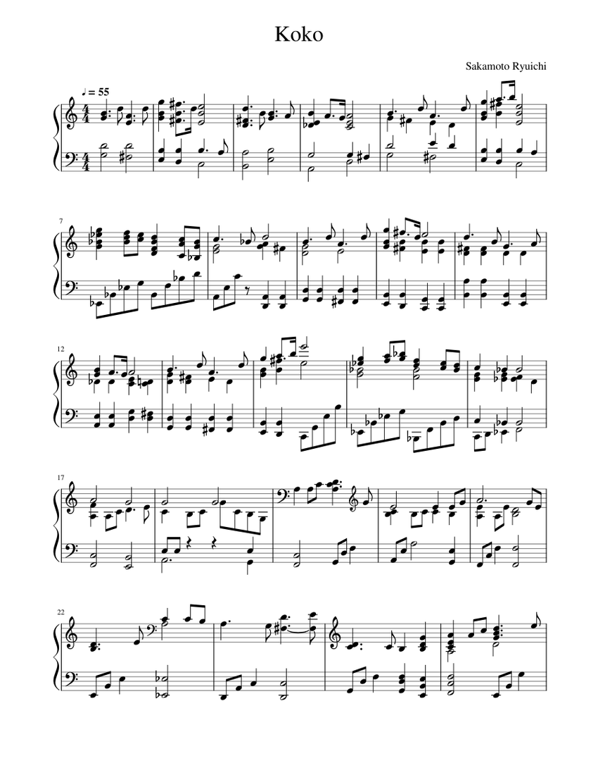 坂本龍一 楽譜　Trio / Scores / Ryuichi Sakamoto Tong Poo (東風) - BTTB Piano Arrangement - Ryuichi Sakamoto