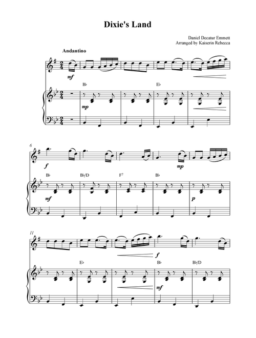 Dixie's Land (Arr. Kaiserin Rebecca) - Daniel Decatur Emmett (Alto Sax and Piano)