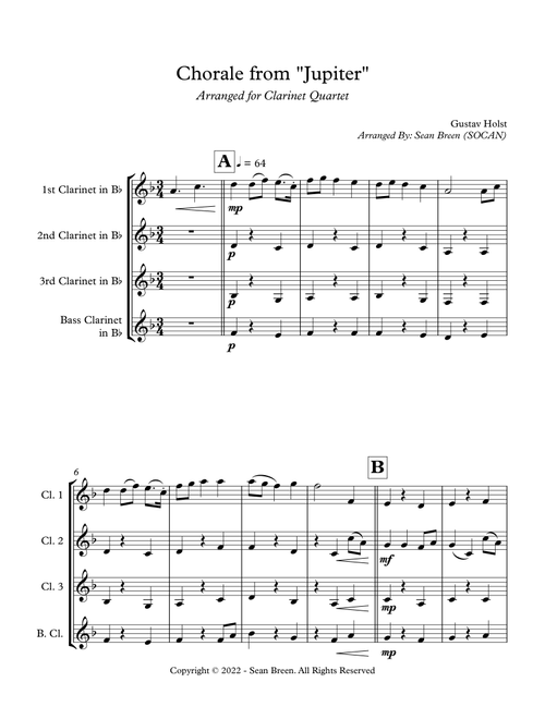 Chorale from "Jupiter" - Clarinet Quartet (Arr. Sean Breen) - Gustav Holst (Woodwind Ensemble)