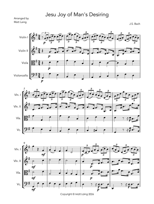 Jesu Joy of Man's Desiring (Arr. Matt Laing) - JS Bach (String Quartet)