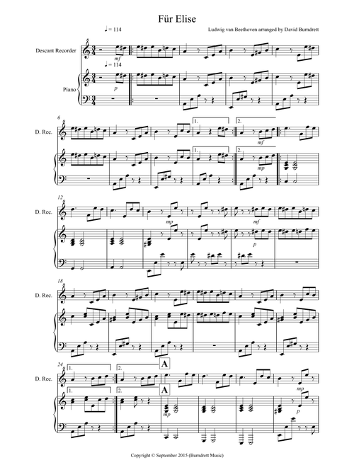 Fur Elise for Descant Recorder and Piano (Arr. David Burndrett) - Ludwig van Beethoven (Instrumental Duet)