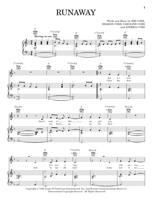 Runaway - The Corrs (Piano-Vocal-Guitar)