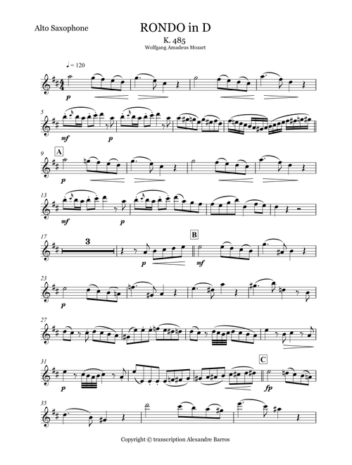 Rondo D, K 485 - SOLO FOR ALTO SAX (Arr. Alexandre Carvalho) - Wolfgang Amadeus Mozart (Alto Sax Solo)
