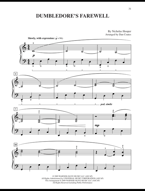 Dumbledore's Farewell (from Harry Potter) (arr. Dan Coates) - Nicholas Hooper (Easy Piano)