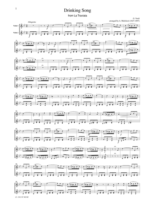Verdi Brindisi from La Traviata, for 2 Violins, VN208 (Arr. A. Melchiori) (Violin Solo)