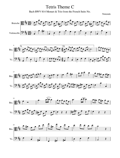 Tetris Theme C duet for Viola and Cello (D-Major)