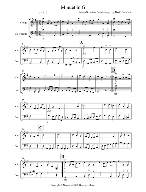 Minuet in G for Violin and Cello Duet (Arr. David Burndrett) - Johann Sebastian Bach (Instrumental Duet)
