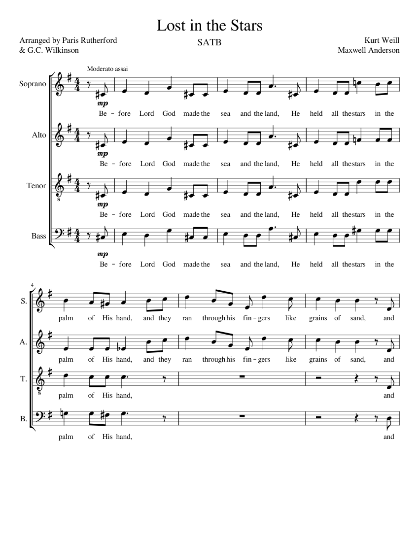 Lost_in_the_Stars Sheet Music for Soprano, Alto, Tenor, Bass voice