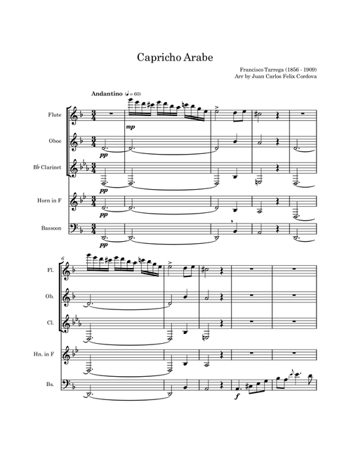 Capricho Arabe for Woodwind Quintet (Arr. Juan Carlos Felix Cordova) - Francisco Tárrega (Woodwind Ensemble)