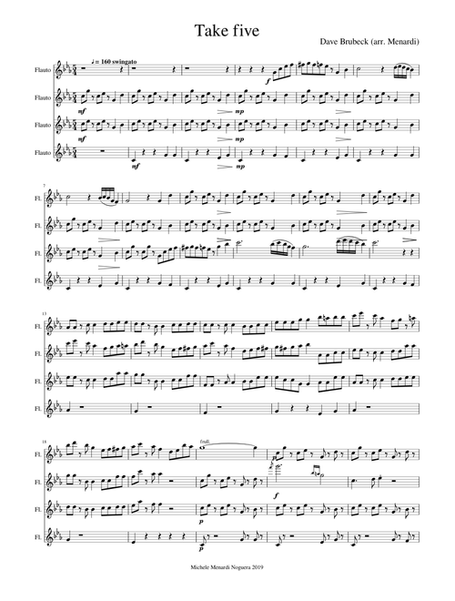 Take five by Dave Brubeck for flute quartet