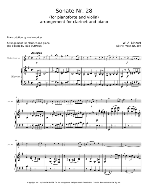 Violin Sonata in E minor K.304/300c (clarinet arrgt) - W.A. Mozart (Arrgt : J. Schnier)
