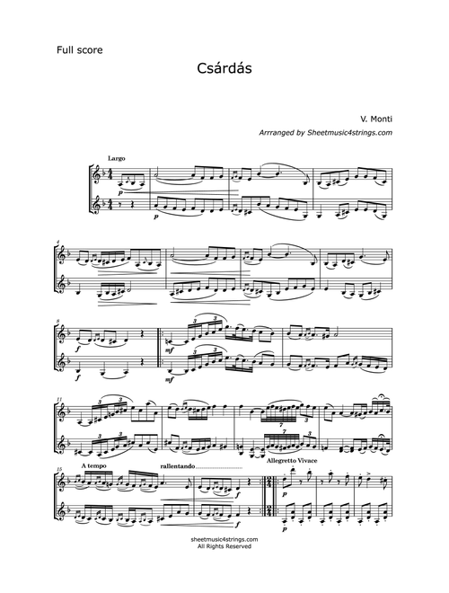 Monti, V. - Czardas for two Violins (Arr. Linda M.Scott) - V. Monti (Violin Duet)