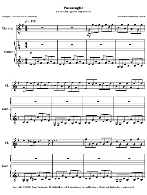 Passacaglia - for Bb clarinet and guitar duet (Arr. Zoran Radanovic (ARTISJUS)) - Georg Friedrich Händel (Instrumental Duet)