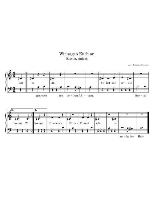 Wir sagen euch an den lieben Advent – Klavier einfach