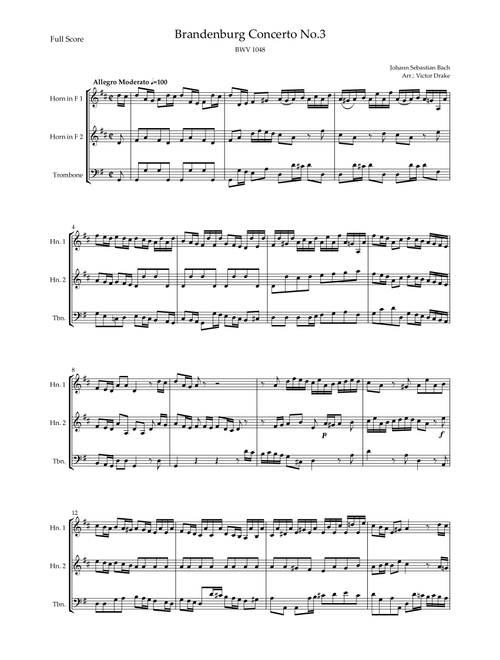Brandenburg Concerto No. 3 in G major, BWV 1048 1st Mov. (J.S. Bach) for Brass Trio (Arr. Victor Drake) - Joahann Sebastian Bach (Brass Ensemble)