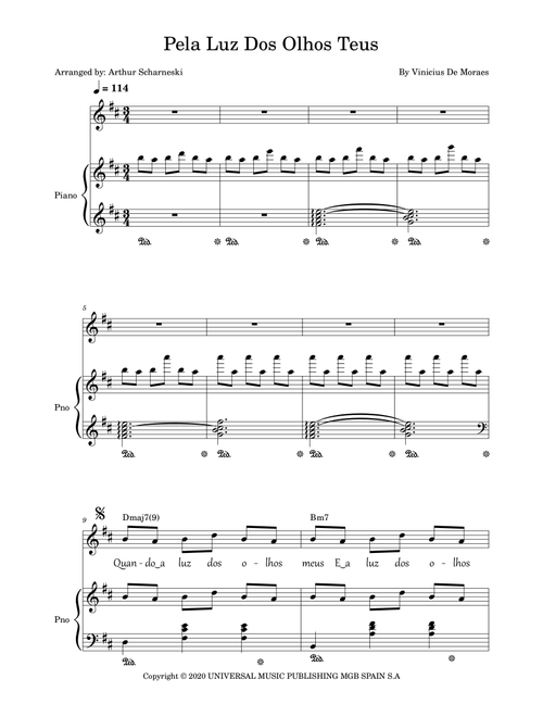 Pela Luz Dos Olhos Teus (Arr. Arthur Scharneski) - Vinicius de Moraes (Piano Chords-Lyrics)
