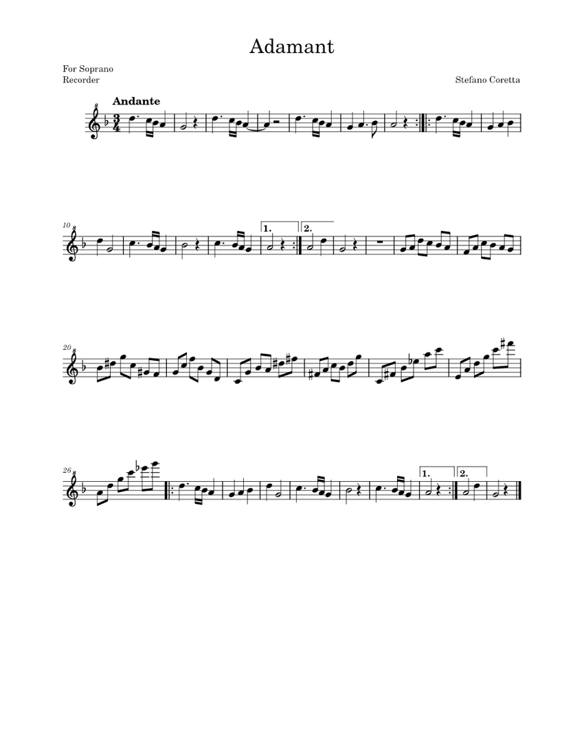 Adamant Stefano Coretta Sheet Music For Recorder Solo 