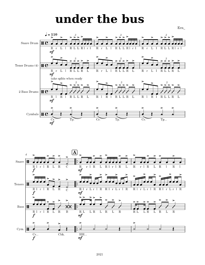 under the bus Sheet music for Snare drum, Crash, Tenor drum, Bass drum (Drum Corps (Modern