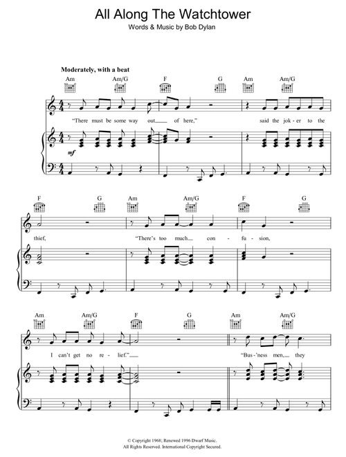 All Along The Watchtower - Bob Dylan (Piano-Vocal-Guitar (Piano Accompaniment))