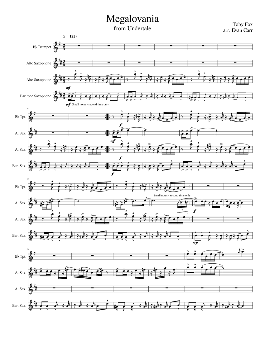Megalovania Quartet Sheet music for Saxophone alto, Saxophone baritone ...