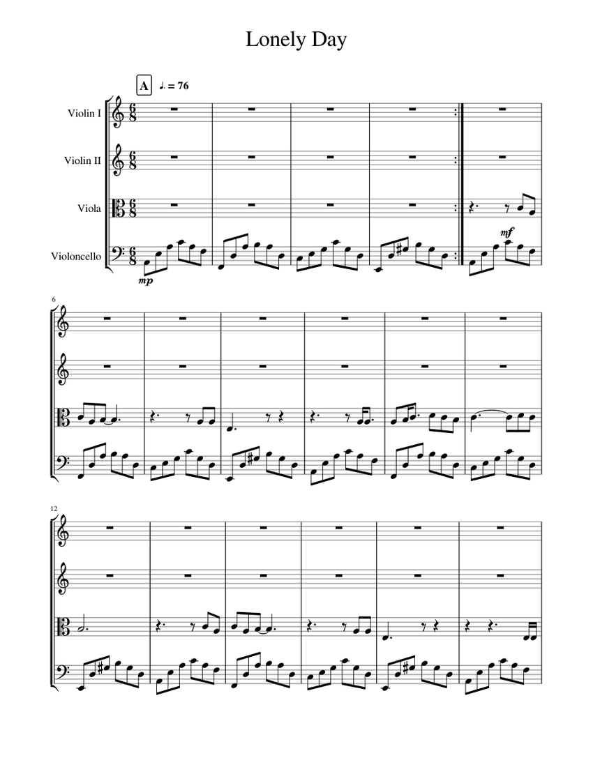 Lonely Day Sheet music for Violin Viola Cello String Quartet Musescore