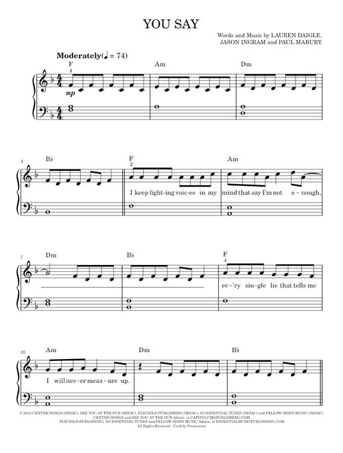 You Say - Lauren Daigle (Easy Piano)