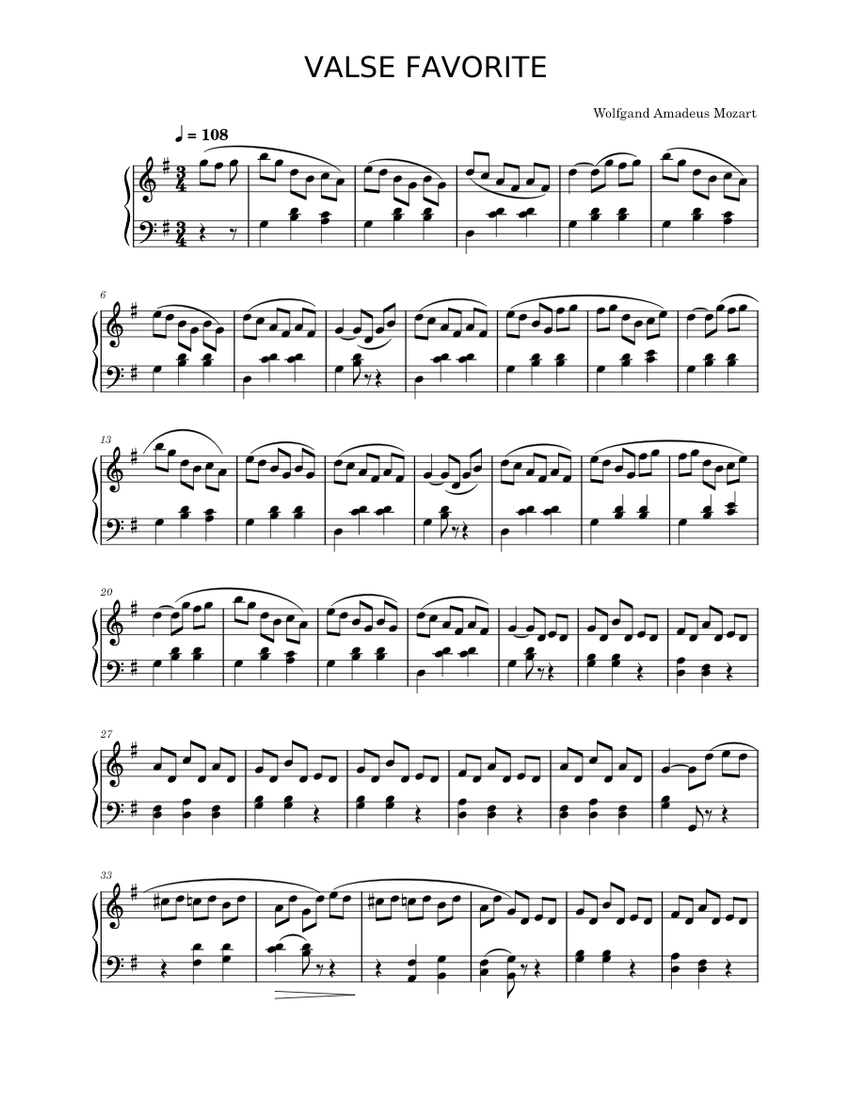 Valse Favorite – Wolfgang Amadeus Mozart (EASY) Sheet Music for Piano ...