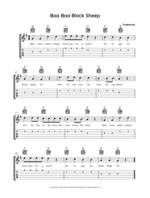 Baa Baa Black Sheep (Arr. Bronson Ferdinand Wright) - Traditional (Easy Guitar with TAB)