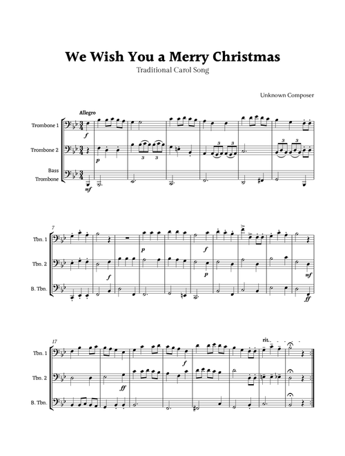 We Wish you a Merry Christmas for Trombone Ensemble Trio (Arr. Rika K.) - Unknown (Brass Ensemble)