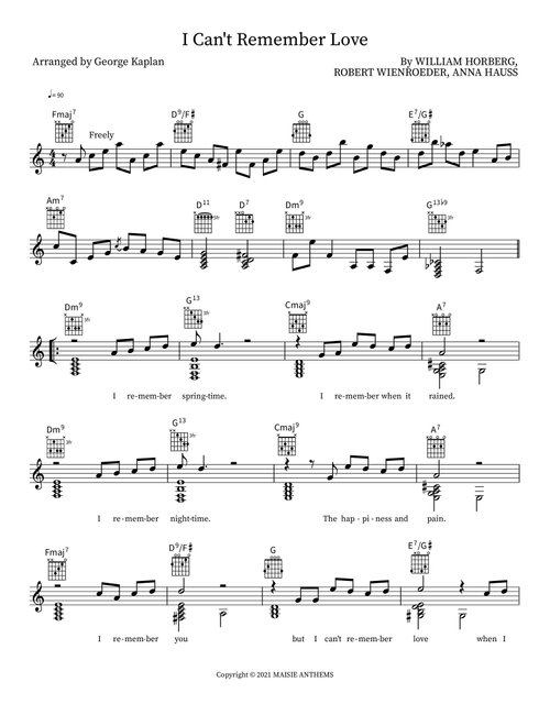 I Can't Remember Love (Arr. George Kaplan) - William Horberg, Robert Wienroeder, Anna Hauss (Lead Sheet - Fake Book)