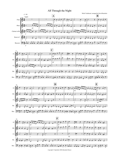 All Through the Night for Wind Quintet (Arr. David Burndrett) - Traditional (Woodwind Ensemble)