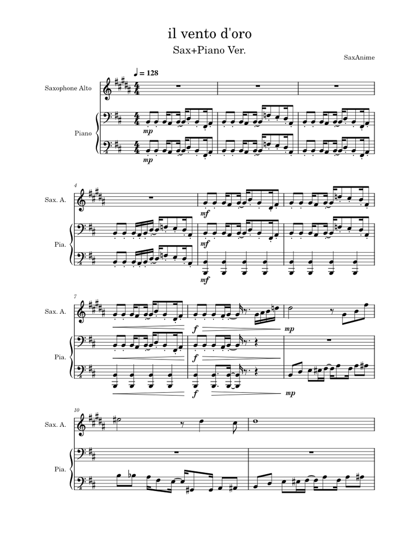 il vento d'oro (Giorno's Theme) Sax/Piano JoJo's Bizarre Adventure