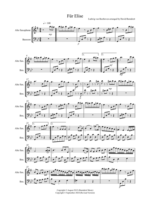 Fur Elise for Alto Saxophone and Bassoon Duet (Arr. David Burndrett) - Ludwig Van Beethoven (Instrumental Duet)