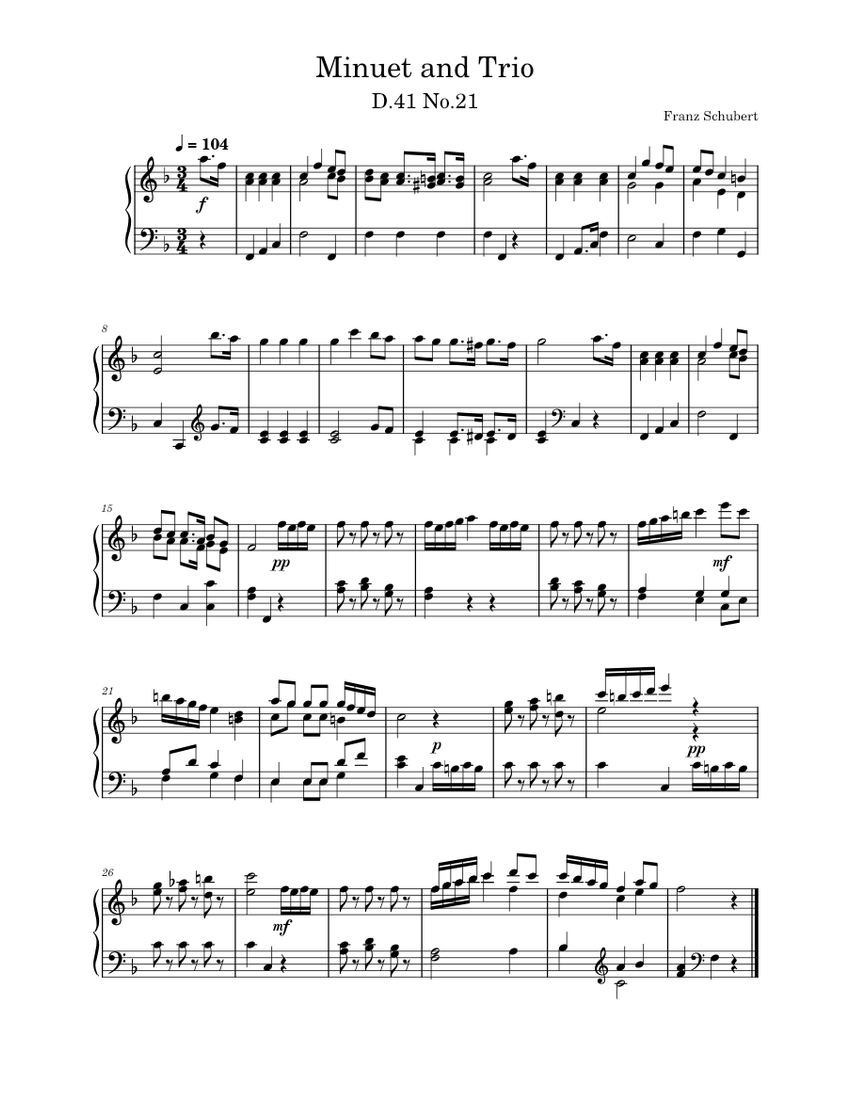 Minuet and Trio D.41 No.21 – Franz Schubert Sheet Music for Piano