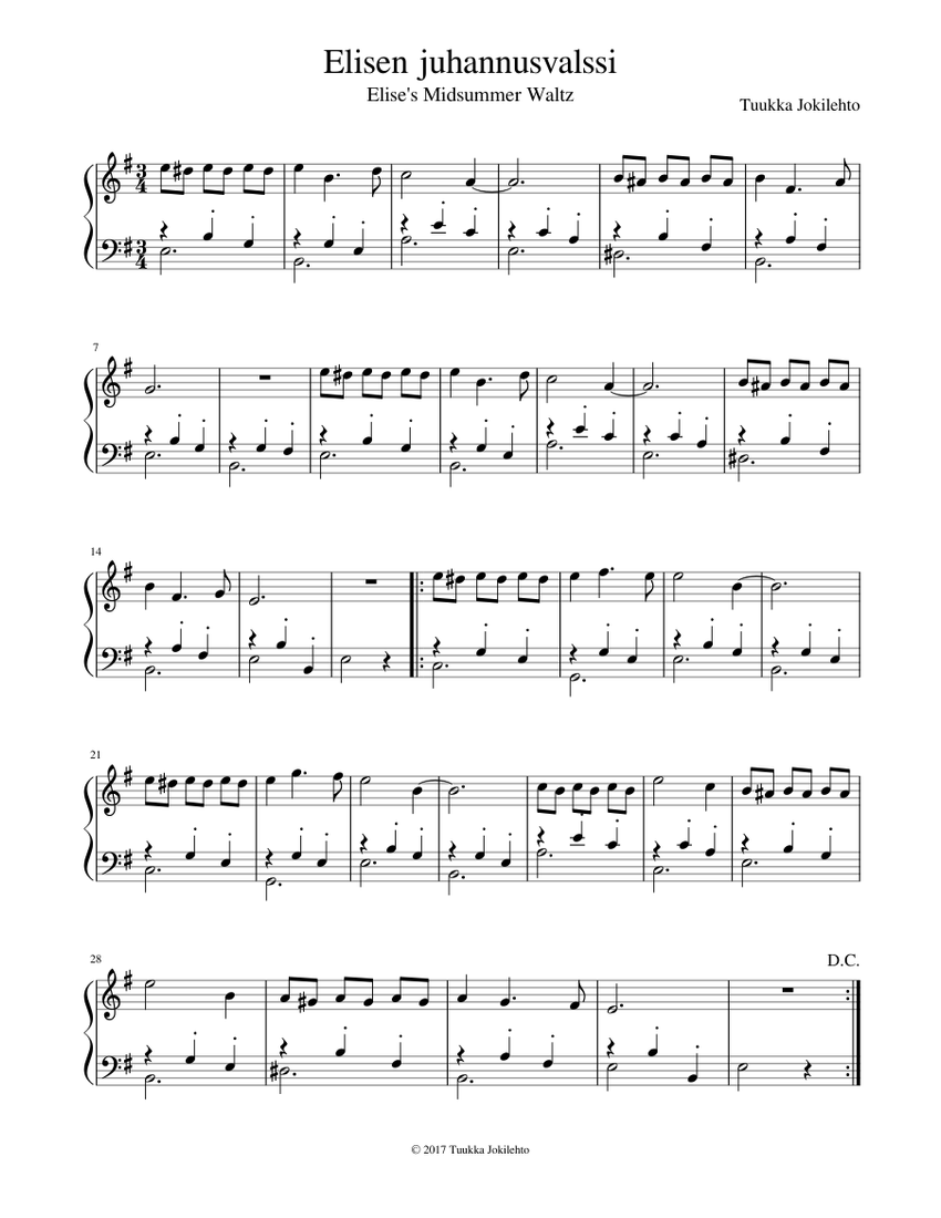 Elisen juhannusvalssi (Elise's Midsummer Waltz) Sheet music for Piano ...