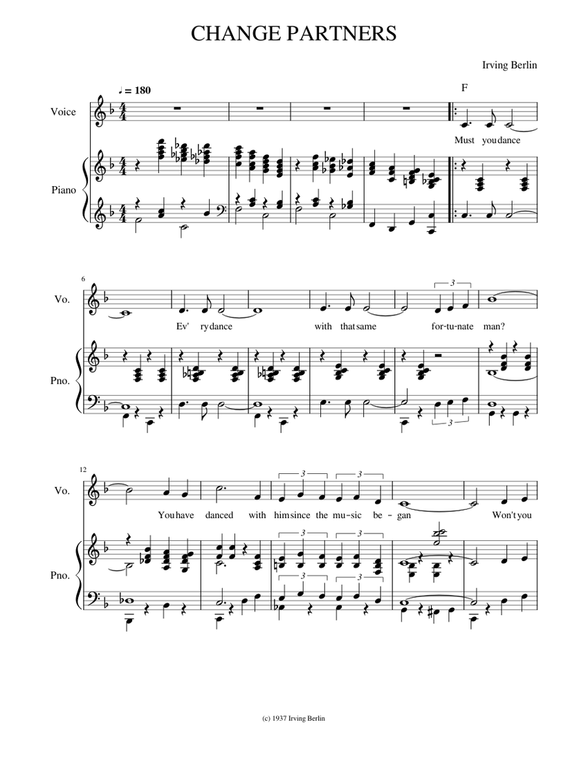 CHANGE PARTNERS - Irving Berlin Sheet Music for Piano, Vocals (Piano ...