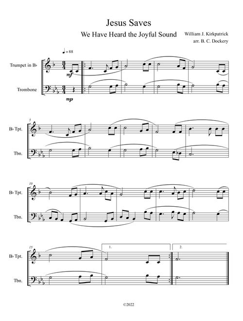 Jesus Saves (We Have Heard the Joyful Sound) Trumpet and Trombone Duet (Arr. B. C. Dockery) - William J Kirkpatrick (Instrumental Duet)