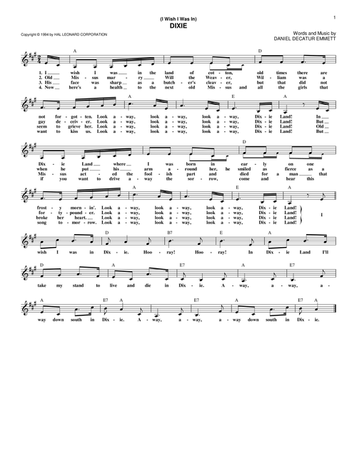 (I Wish I Was In) Dixie - Daniel Decatur Emmett (Lead Sheet - Fake Book)