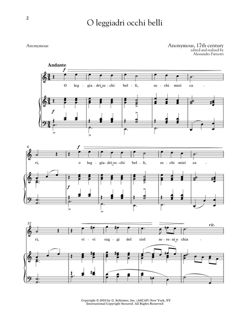 O Leggiadri Occhi Belli (High Voice) (Ed. Richard Walters) - Anonymous 17th Century (Piano Vocal)
