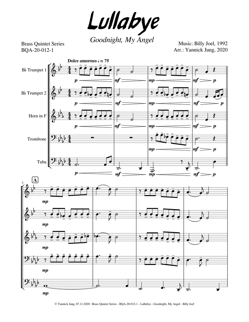 Lullabye (Goodnight, My Angel) by Billy Joel - Brass Quintet