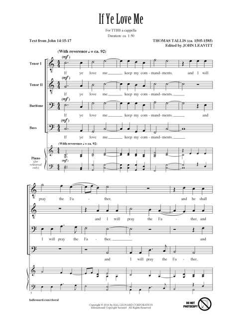 If Ye Love Me (Arr. John Leavitt) - Thomas Tallis (Choral, TTBB)